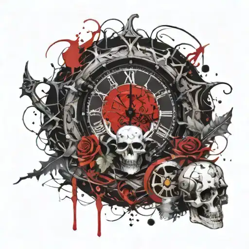 clock covered with a vine with thorns and skulls tattoo design idea