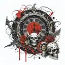 clock covered with a vine with thorns and skulls tattoo design idea
