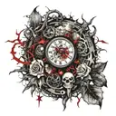 clock covered with a vine with thorns and skulls tattoo design idea