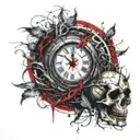clock covered with a vine with thorns and skulls tattoo design idea
