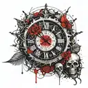 clock covered with a vine with thorns and skulls tattoo design idea