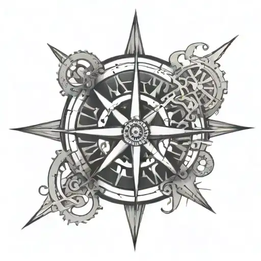 A black and grey tattoo of a compass rose with motorcycle gears integrated into the design, symbolizing a love for adventure and travel tattoo design idea