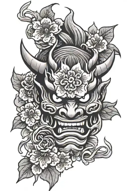Oni Mask , a cherry blossom flower with 30 leafes and a traditional yakuza style tattoo design idea