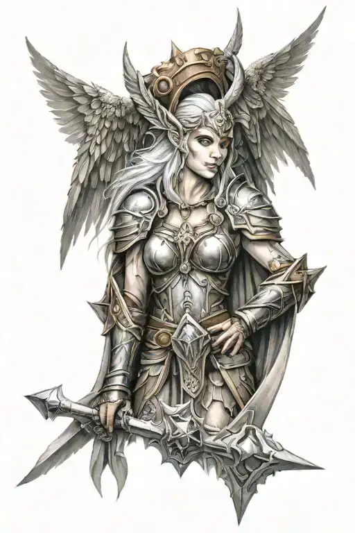 female valkyrie with wings and blood elf features and details from world of warcraft tattoo design idea
