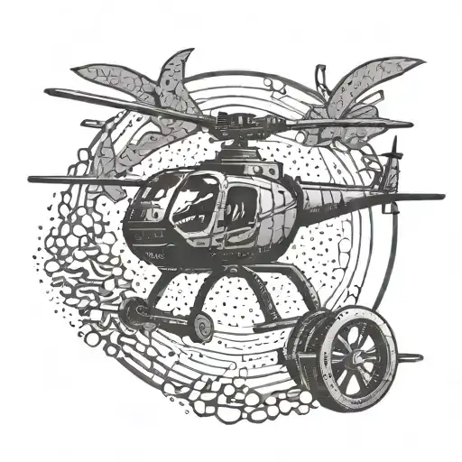 An intricate crossfit barbell intertwined with a helicopter silhouette tattoo design idea