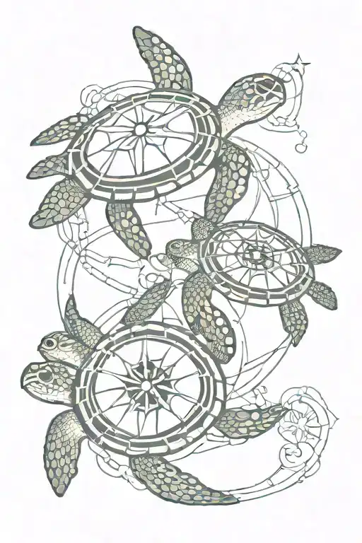sea turtle and compass intertwined tattoo design idea