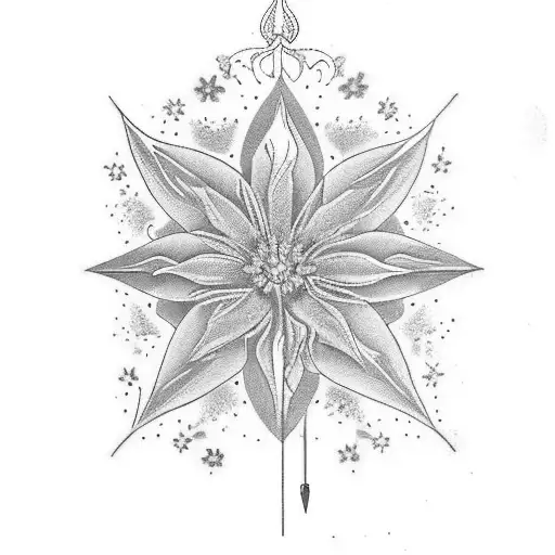 Create a tattoo for the forearm that starts with a prominent arrow as the focal point. Wrap morning glories, cosmos, violets, holly, and narcissus around the arrow, extending along the entire length of the forearm. Blend the fletching of the arrow into a picturesque scene featuring three breathtaking mountains. Incorporate three unconventional stars at the base of the arrow, with one star cleverly integrated into the Arrowhead and the shaft of the arrow. tattoo design idea