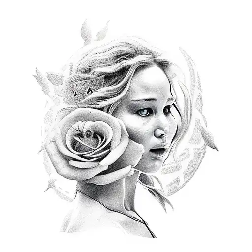Jennifer Lawrence with rose infront of her face and a mockingjay infront of her chest tattoo design idea