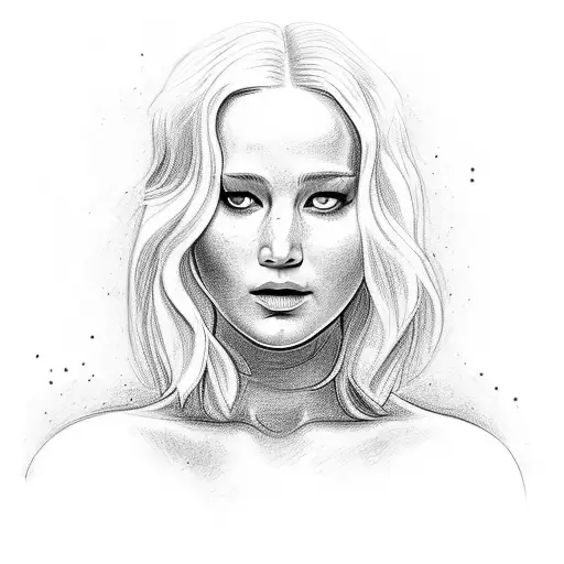 Jennifer Lawrence with rose infront of her face and a mockingjay infront of her chest tattoo design idea