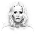 Jennifer Lawrence with rose infront of her face and a mockingjay infront of her chest tattoo design idea