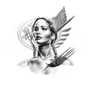 Jennifer Lawrence with rose infront of her face and a mockingjay infront of her chest tattoo design idea
