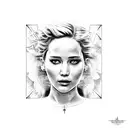 Jennifer Lawrence with rose infront of her face and a mockingjay infront of her chest tattoo design idea