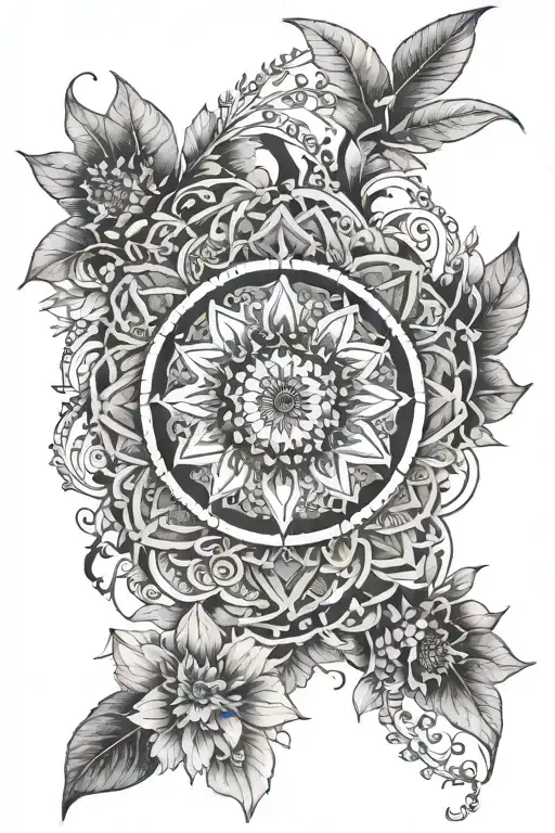 An intricate mandala design incorporating elements of nature, medicine, and spirituality tattoo design idea