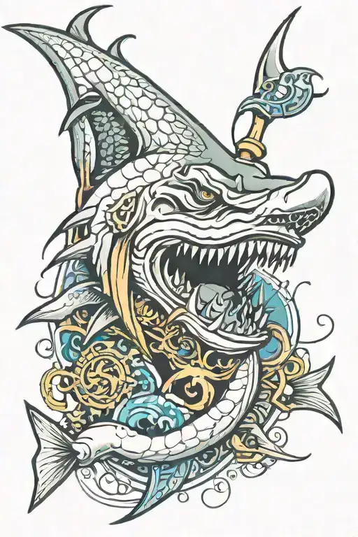 hammerhead shark with king neptune trident surrounded tattoo design idea