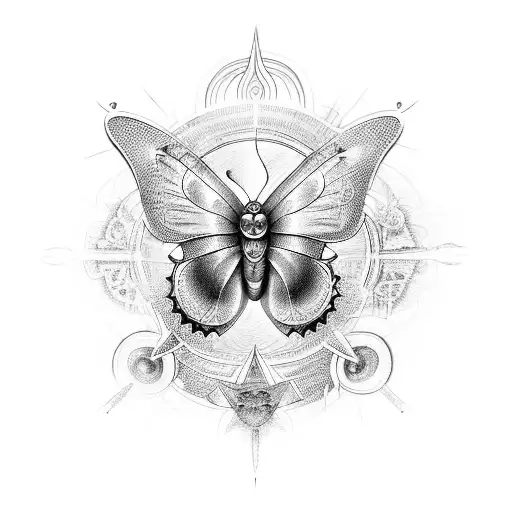A butterfly surrounded by celestial symbols, chakras, representing inner vision and spiritual awakening tattoo design idea