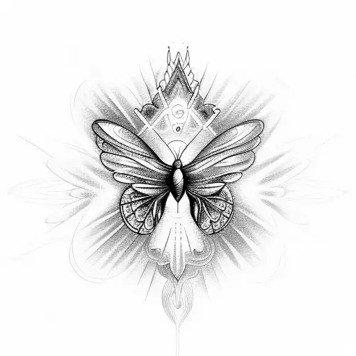 A butterfly and humming bird surrounded by celestial symbols, chakras, representing inner vision and spiritual awakening tattoo design idea
