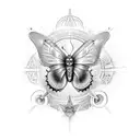 A butterfly surrounded by celestial symbols, chakras, representing inner vision and spiritual awakening tattoo design idea