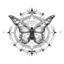 A butterfly surrounded by celestial symbols, chakras, representing inner vision and spiritual awakening tattoo design idea