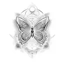 A butterfly surrounded by celestial symbols, chakras, representing inner vision and spiritual awakening tattoo design idea
