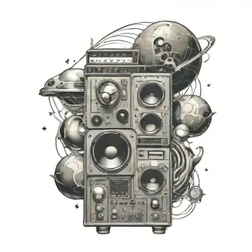An intricate electronic music themed sleeve tattoo featuring synthesizers, speakers, and music notes intertwined with celestial objects like planets and stars tattoo design idea