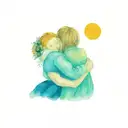 A mother is hugging her son. In the background, a painting of sunflowers, evoking the work of Van Gogh, with its vibrant tattoo design idea