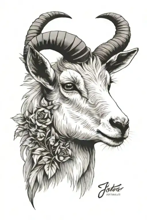 A portrait of a wise goat with a philosopher's laurel wreath, blending the client's love for wisdom and their favorite animal tattoo design idea