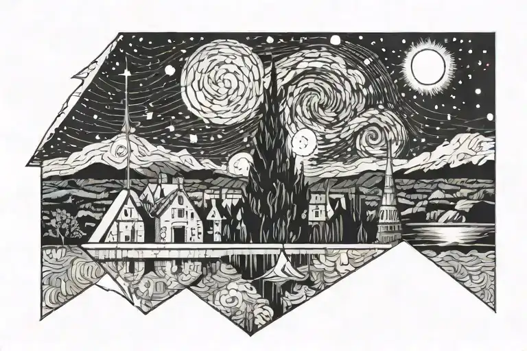 Starry Night Over the Rhône Vincent van Gogh's paintings, in triangular frame, with dotting , black and wight tattoo design idea