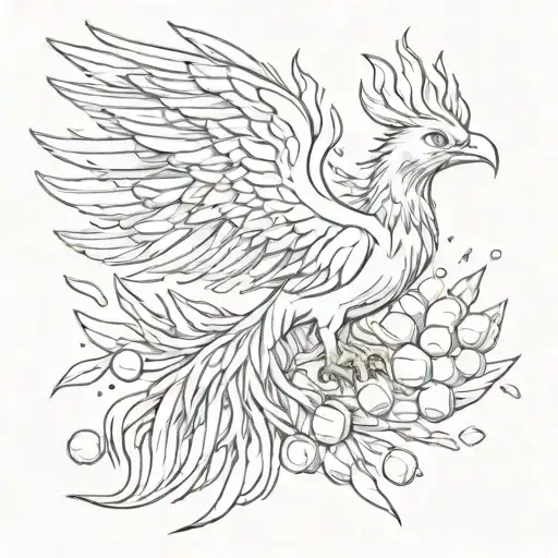 A phoenix rising from a pile of pills, symbolizing overcoming addiction tattoo design idea