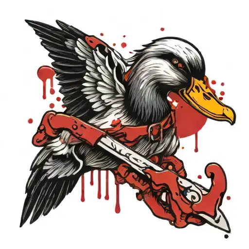 a duck with a knife in her hand and blood dripping from it. everything is black and white, blood is red tattoo design idea