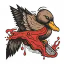 a duck with a knife in her hand and blood dripping from it. everything is black and white, blood is red tattoo design idea