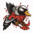 a duck with a knife in her hand and blood dripping from it. everything is black and white, blood is red tattoo design idea