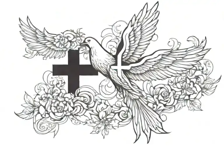 cross with doves flying on the right side of chest tattoo design idea