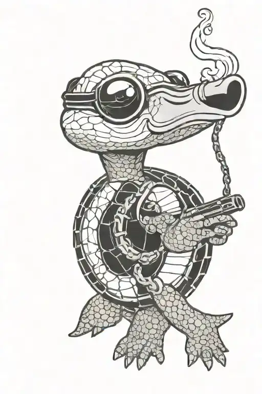 turtle holding tommy gun with gold chain smoking cigarette tattoo design idea