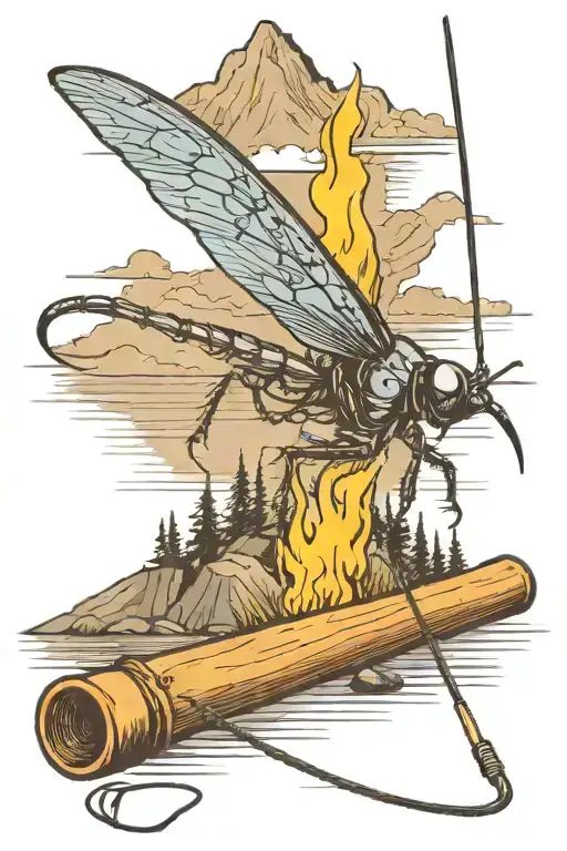 A stonefly insect crawling on a flyfishing rod near a campfire with mountains in the background and music playing tattoo design idea