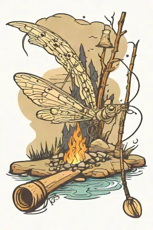mayfly crawling on a flyfishing rod near a stream campfire in the mountains with musical notes in the background  tattoo design idea