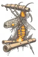 A stonefly insect crawling on a fly fishing rod near a campfire with mountains in the background  tattoo design idea