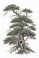 A large, robust tree, with roots forming the symbol of medicine and a double helix of DNA in the trunk tattoo design idea