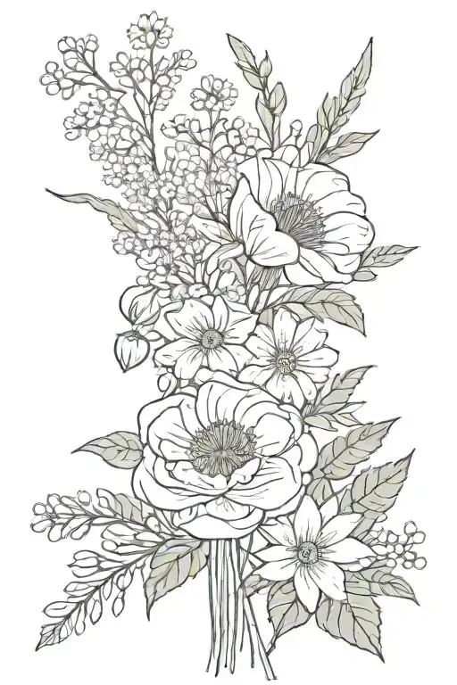 simple flower bouquet with birth month flowers for October December November and july tattoo design idea
