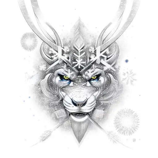 A fierce ice hockey player surrounded by swirling snowflakes tattoo design idea