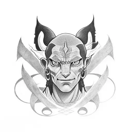 create a half sleeve tattoo for a man in black and white style from Avatar Last Airbender, evil and Spanish  tattoo design idea