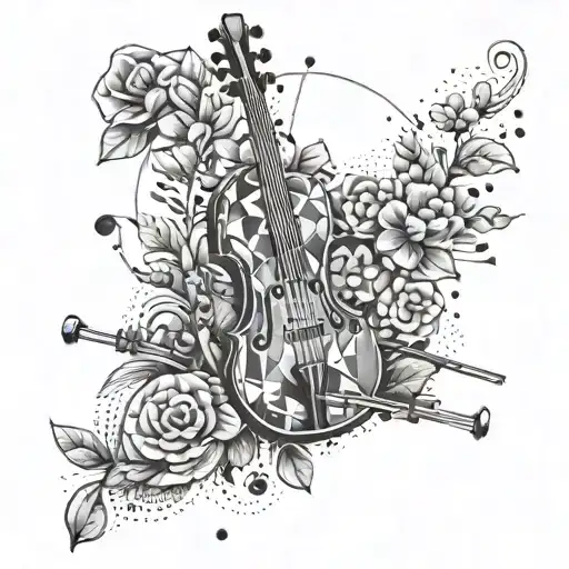 Create a geometric pattern of gym equipment and musical instruments with floral accents tattoo design idea