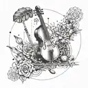 Create a geometric pattern of gym equipment and musical instruments with floral accents tattoo design idea
