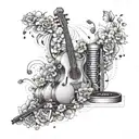 Create a geometric pattern of gym equipment and musical instruments with floral accents tattoo design idea