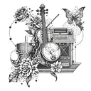 Create a geometric pattern of gym equipment and musical instruments with floral accents tattoo design idea