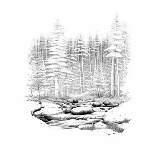 flowing river in the woods with deers around  tattoo design idea