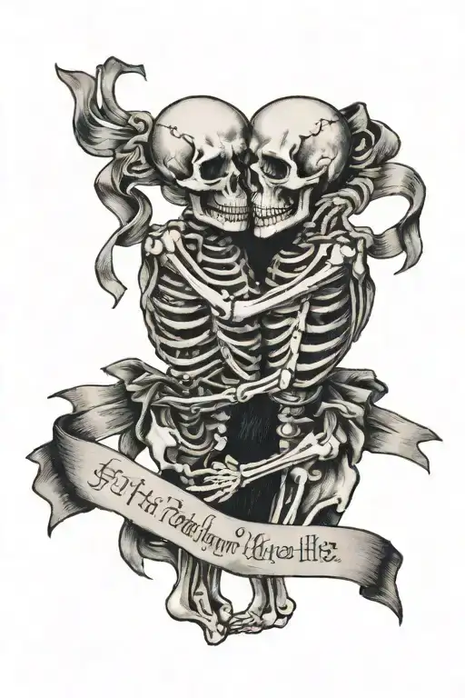 Skeletons hugging with lyrics "If i die tonight, I'd die loving you for the rest of my life" in worn ribbon above/below tattoo design idea