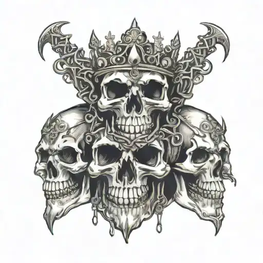 multiple skulls of kings with crowns on heads chained together dark demon real nightmare nordic celtic fallen warrior  tattoo design idea