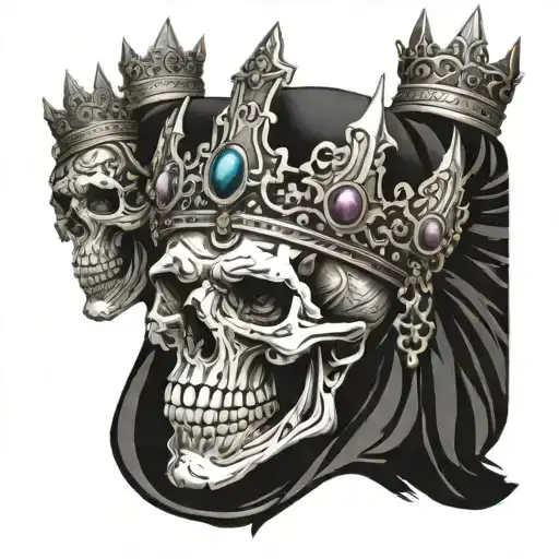multiple skulls of kings with crowns on heads chained together dark demon real nightmare knights warrior  tattoo design idea