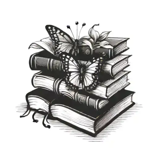 A stack of books with a butterfly perched on top tattoo design idea