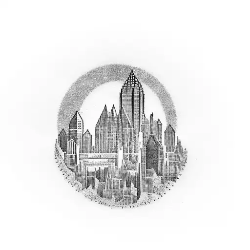 A dotwork tattoo of a sustainable cityscape, merging elements of Pittsburgh and innovative green technologies, reflecting the client's dedication to sustainability and design tattoo design idea